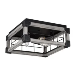 Best Pirce Patriot Lighting® Elegant Home Levon Faux Wood & Black 3-Light Flush Mount Ceiling Light