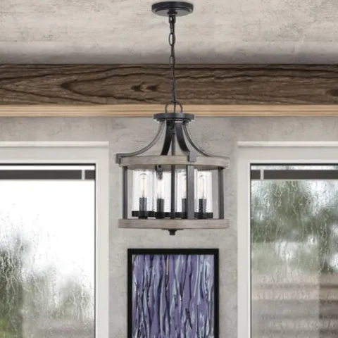 Best Reviews Of Patriot Lighting® Elegant Home Brooklyn Natural Iron & Distressed Faux Wood 4-Light Pendant