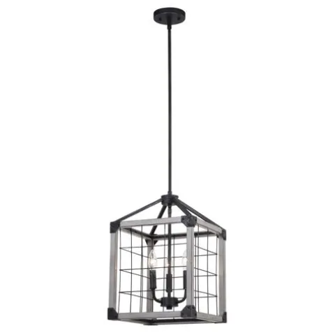 Brand New Patriot Lighting® Elegant Home Levon Weathered Gray Faux Wood & Black 3-Light Pendant