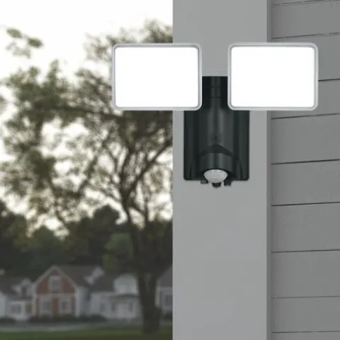 Cheap Patriot Lighting® Black Led Dual Head Plug-In Motion Sensor Outdoor Security Flood Light