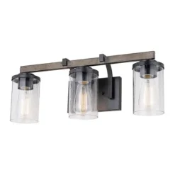 Outlet Patriot Lighting® Elegant Home Brooklyn Natural Iron & Distressed Faux Wood 3-Light Vanity Light