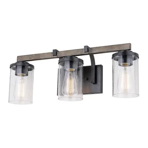 Outlet Patriot Lighting® Elegant Home Brooklyn Natural Iron & Distressed Faux Wood 3-Light Vanity Light